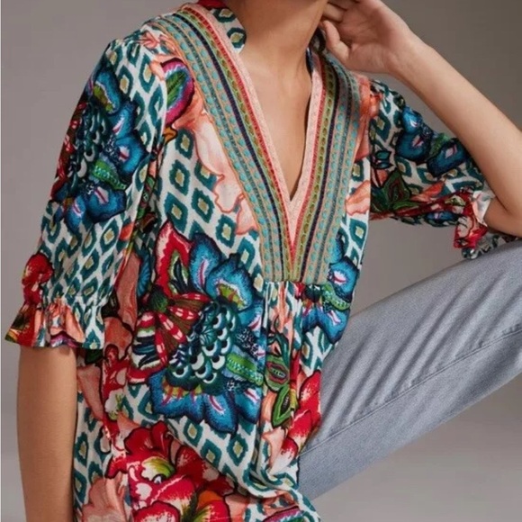 Blnk London Anthropologie STEPHANIE Blue Red Floral V Neck Top Embroiderd Sz S - Picture 15 of 16